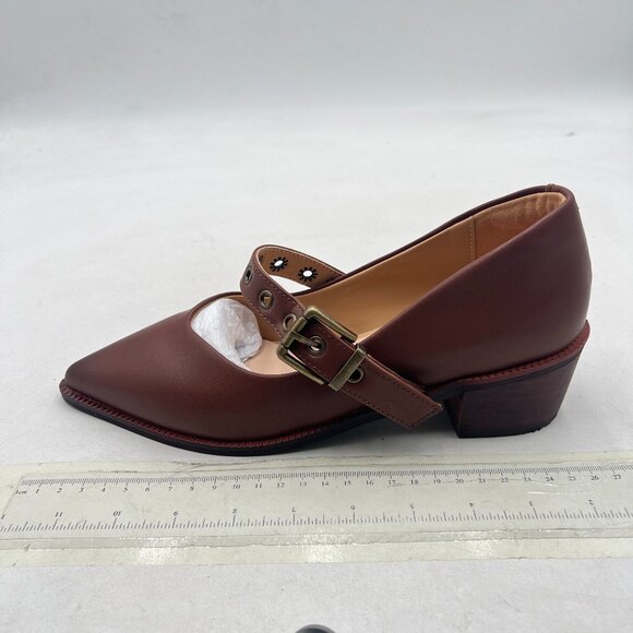 YDN Brown Ankle Strap Pointed Toe Mary Jane Chunky Heels Loafers Buckle Pumps - Picture 2 of 8